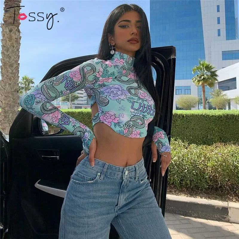 Tossy Skinny Backless Floral Crop Top Women Fashion Printed Short Tee Vintage High Streetwear Bodycon Turtleneck Tshirts Summer