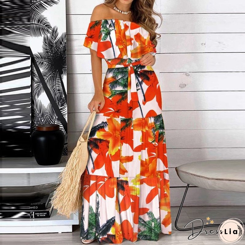 Joskaa Elegant Floral Print Lady Maxi Party Dress Women Sexy Off Shoulder Ruffle Boho Beach Dress Summer Casual Short Sleeve Long Dress