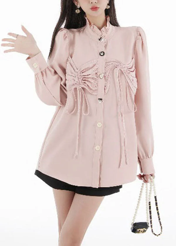 Boho Pink Ruffled Patchwork Wrinkled Chiffon Top Puff Sleeve