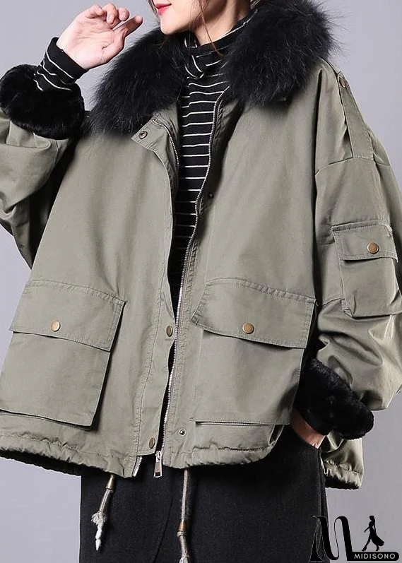 2024 Army Green Casual Outfit Oversize Snow Jackets Pockets Faux Fur Collar Winter Coats