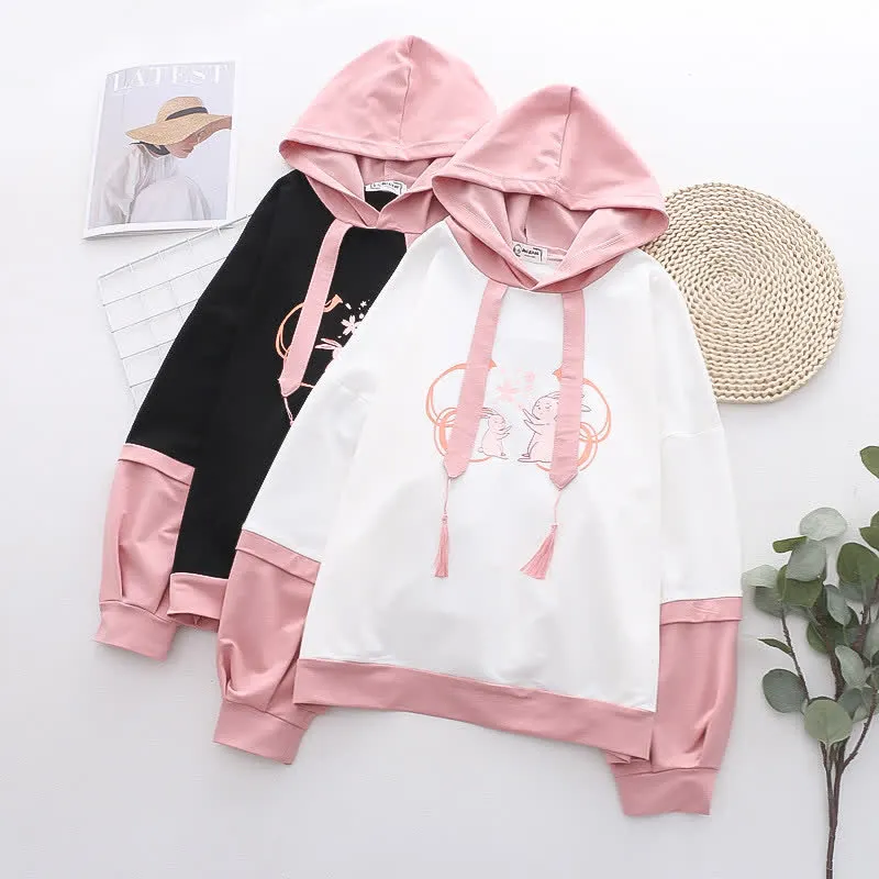 Colorblock Bunny Sakura Print Loose Hoodie