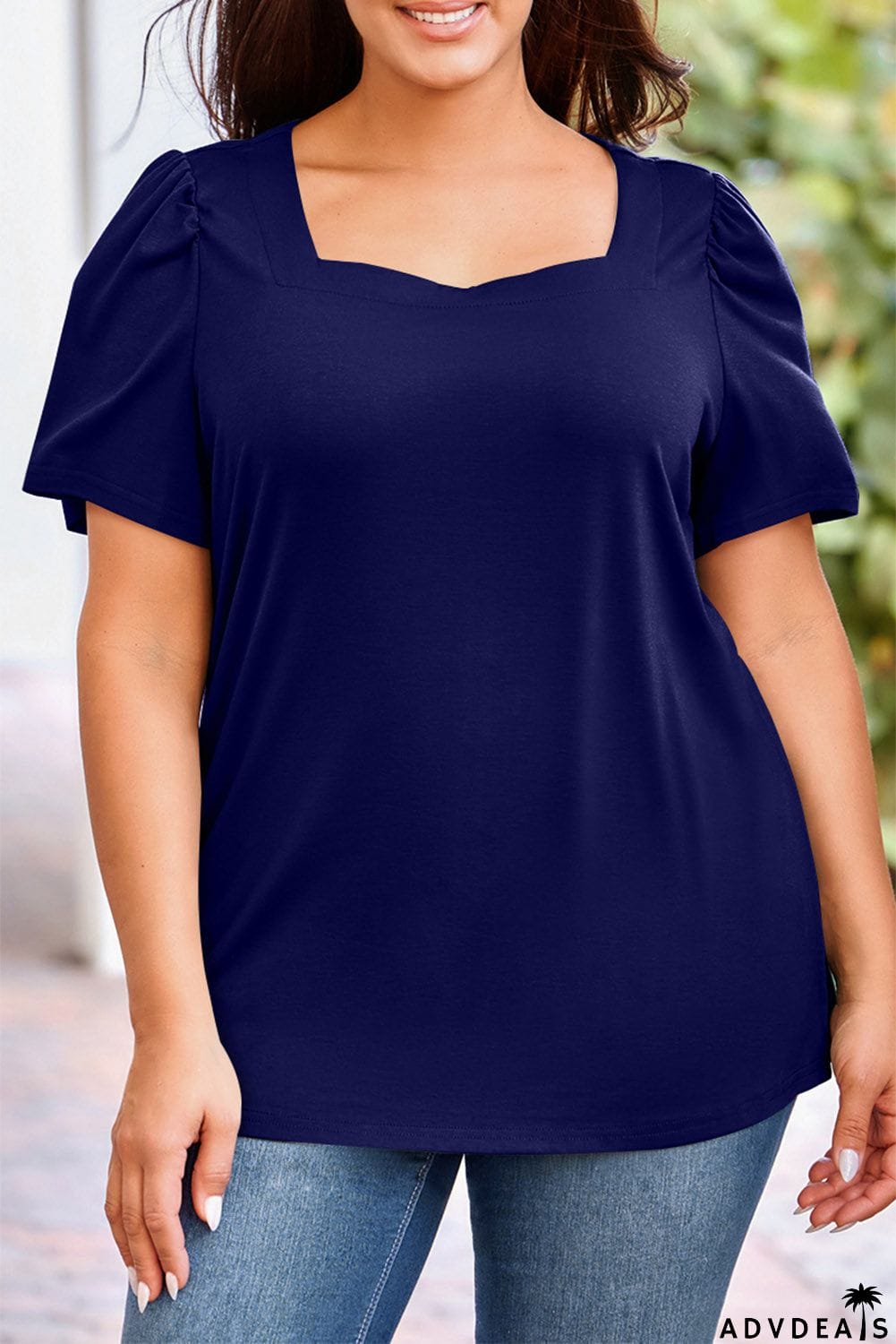 Plus Size Square Neck Puff Sleeve Tee