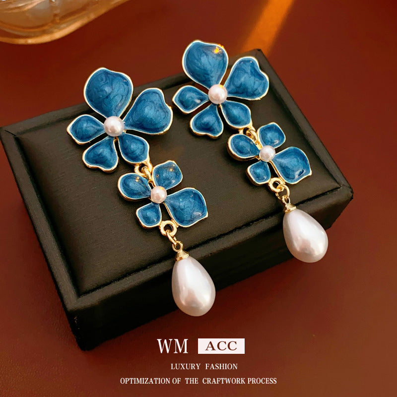 Medieval Flower Geometric Flower Artificial Pearl Oil Dripping Earrings