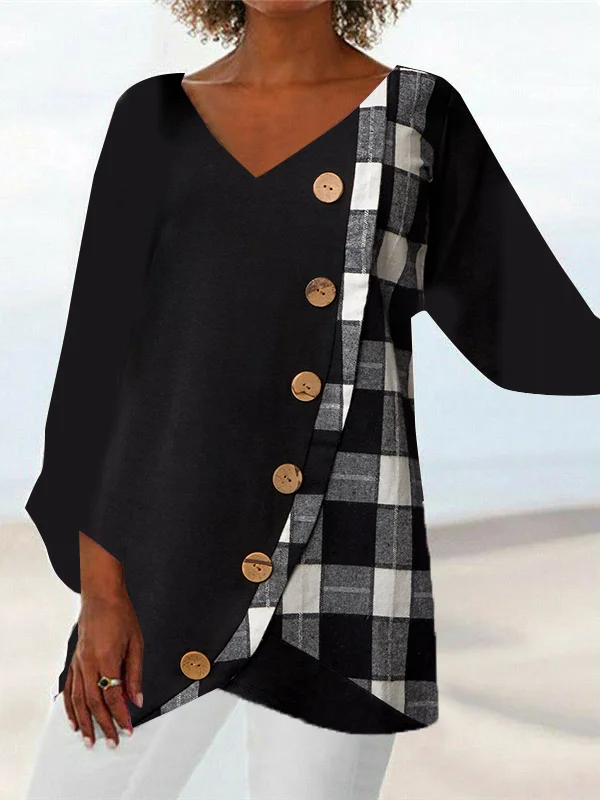 Women plus size clothing Women Asymmetrical Long Sleeve V-neck Plaid Button Top Dress-Nordswear
