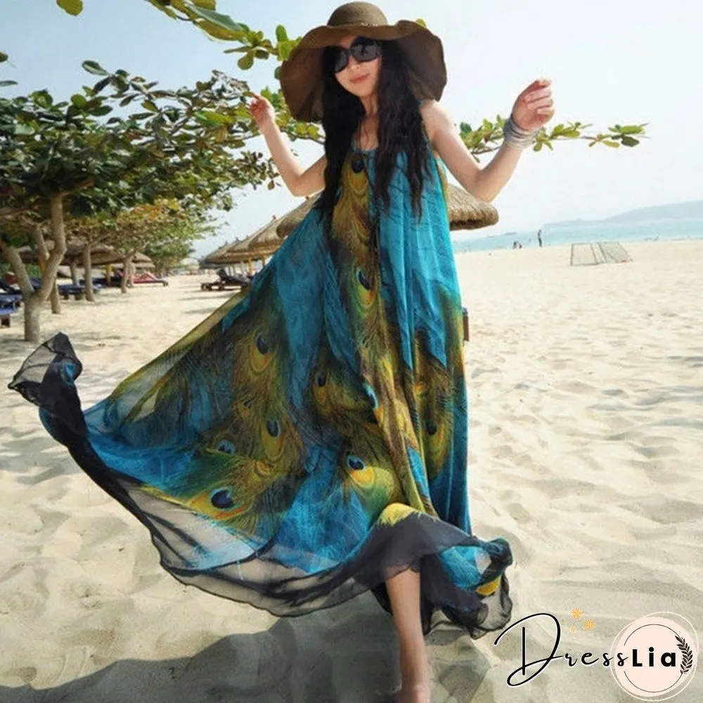 Women Maxi Evening Party Dress Summer Boho Long Beach Chiffon Peacock Dress M-XXL