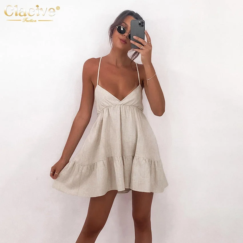 Clacive Sexy Spaghetti Strap Khaki Linen Dress Lady Summer Bodycon Sleeveless Mini Dress Elegant Backless Dresses For Women 2022