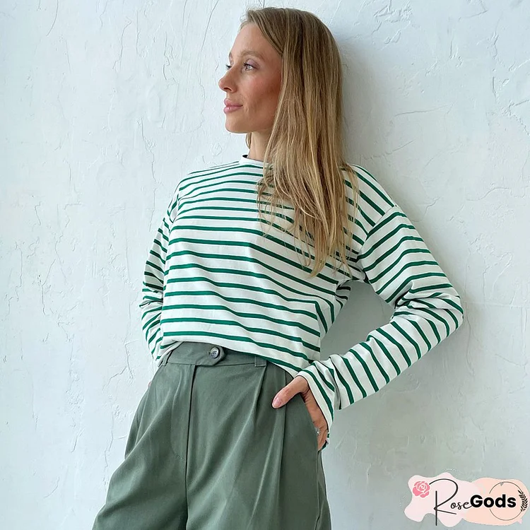 Casual Round Neck Cotton-Blend Striped Top