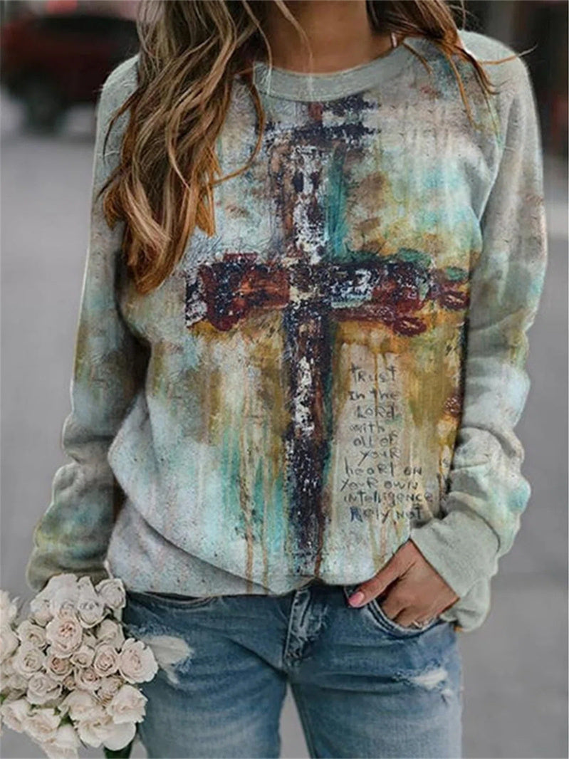 Women Long Sleeve V-neck Graphic Floral Printed Top