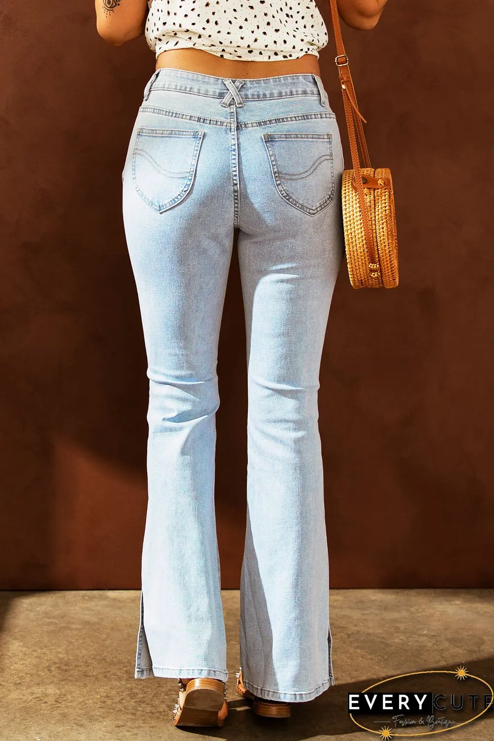 Sky Blue Black Ripped Slit Legs Flare Jeans