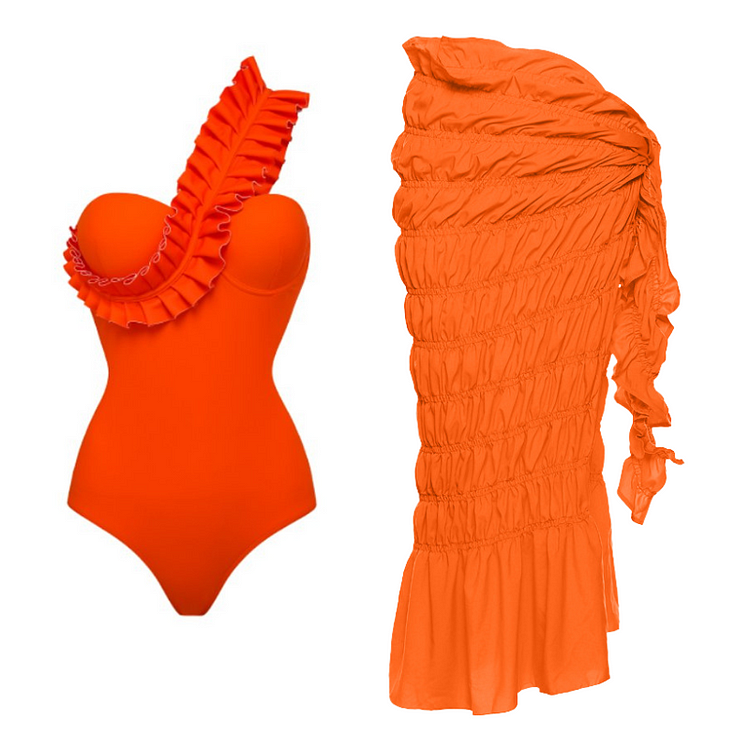 Flaxmaker One Shoulder Ruffle One Piece Orange Swimsuit and Sarong