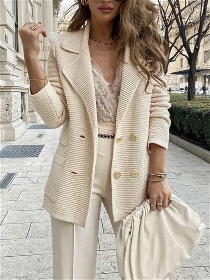 Autumn and Winter New Solid-color Lapel Long-sleeved Pit Stripes Comfortable Casual Cardigan Jacket Intellectual Style Women's-Cosfine