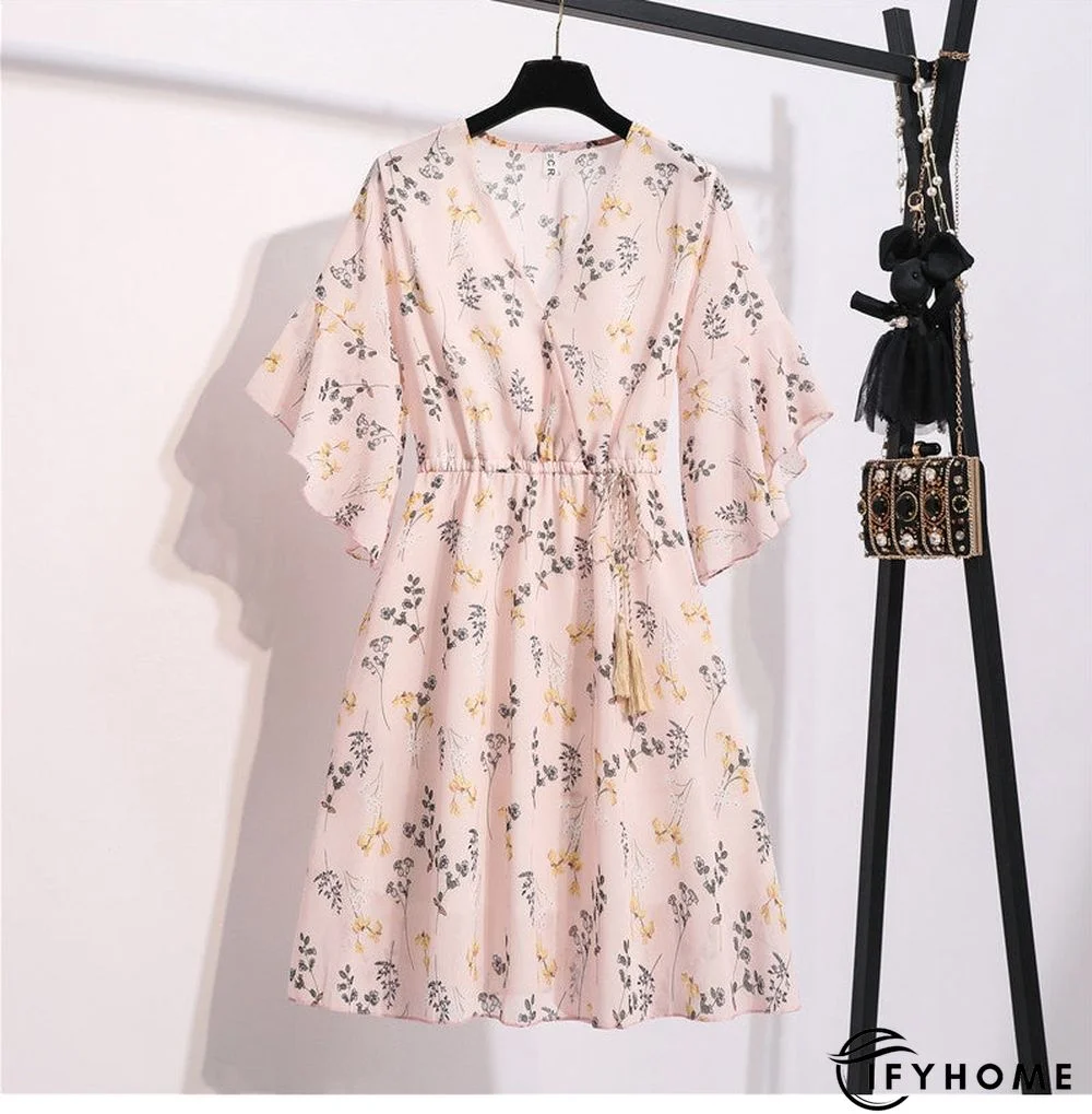 Spring Summer Chiffon Women V-Neck Floral Print Short Dresses Sweet Ruffle Sleeeve Slim Drawstring Ladies Dress | IFYHOME