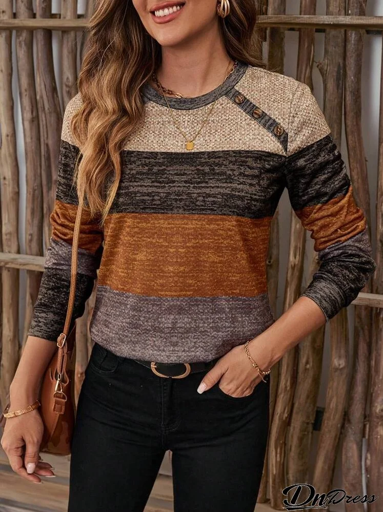 Women Casual Colorblock Stripe Pattern Pullover Sweatshirt, Autumn