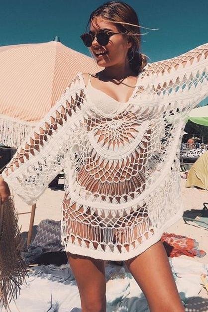 Beige Plunging Hollow Lace Crochet Sexy Long Sleeve Cover Up-elleschic