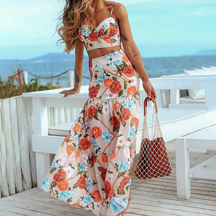Sexy Halter Blossom Printed Backless Two Piece Set