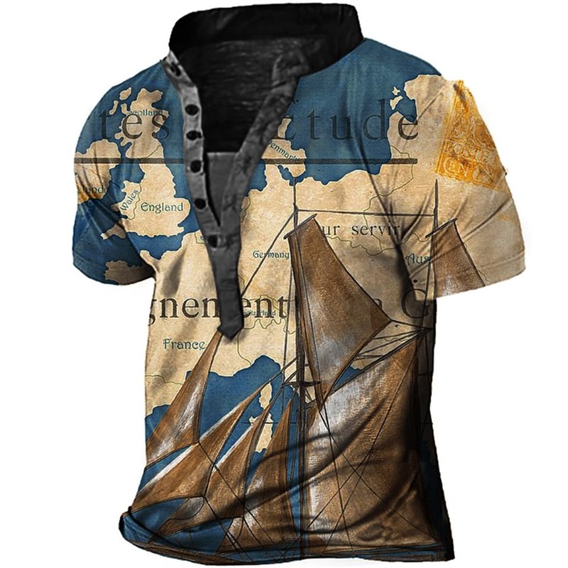 Men's Vintage Map Sailboat Print Henley T-Shirt