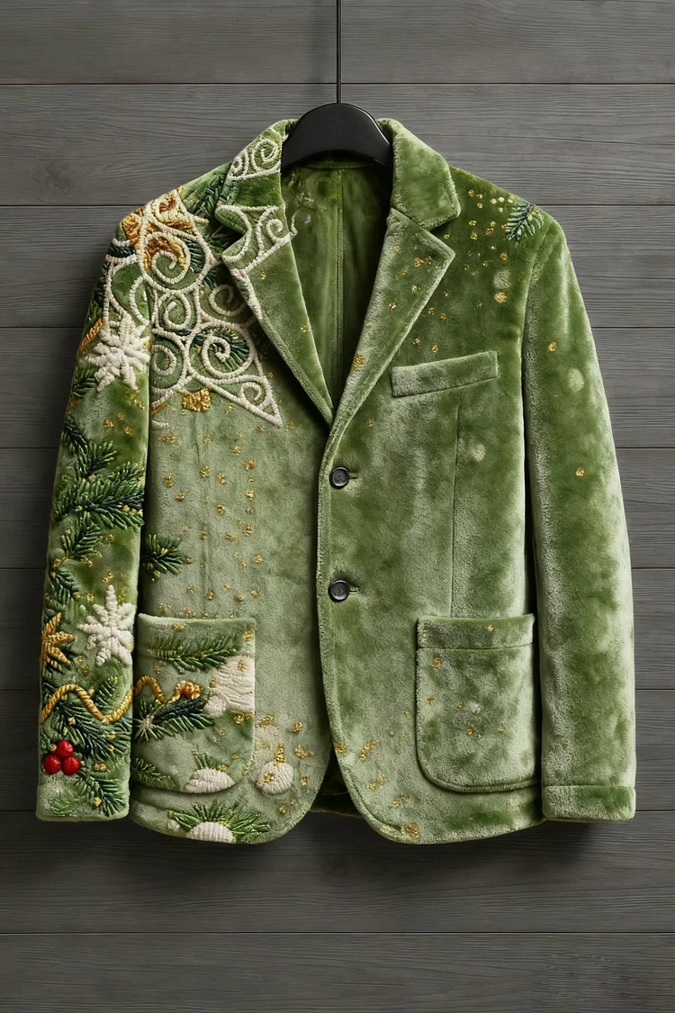 Men's Corduroy Snowflakes Christmas Tree Lapel Jacket 