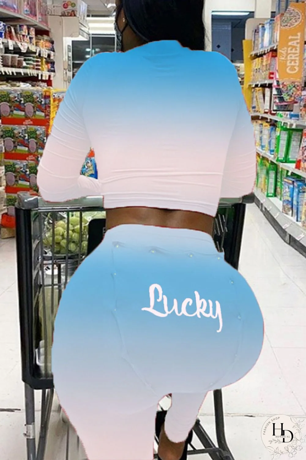 Tangerine Red Street Print Split Joint V Neck Long Sleeve Two Pieces