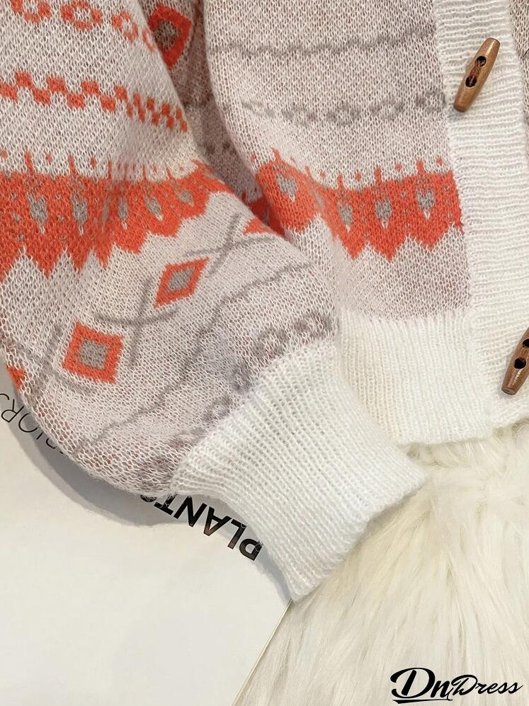 Women Geometric Pattern Drop Shoulder Casual Cardigan, Autumn/Winter