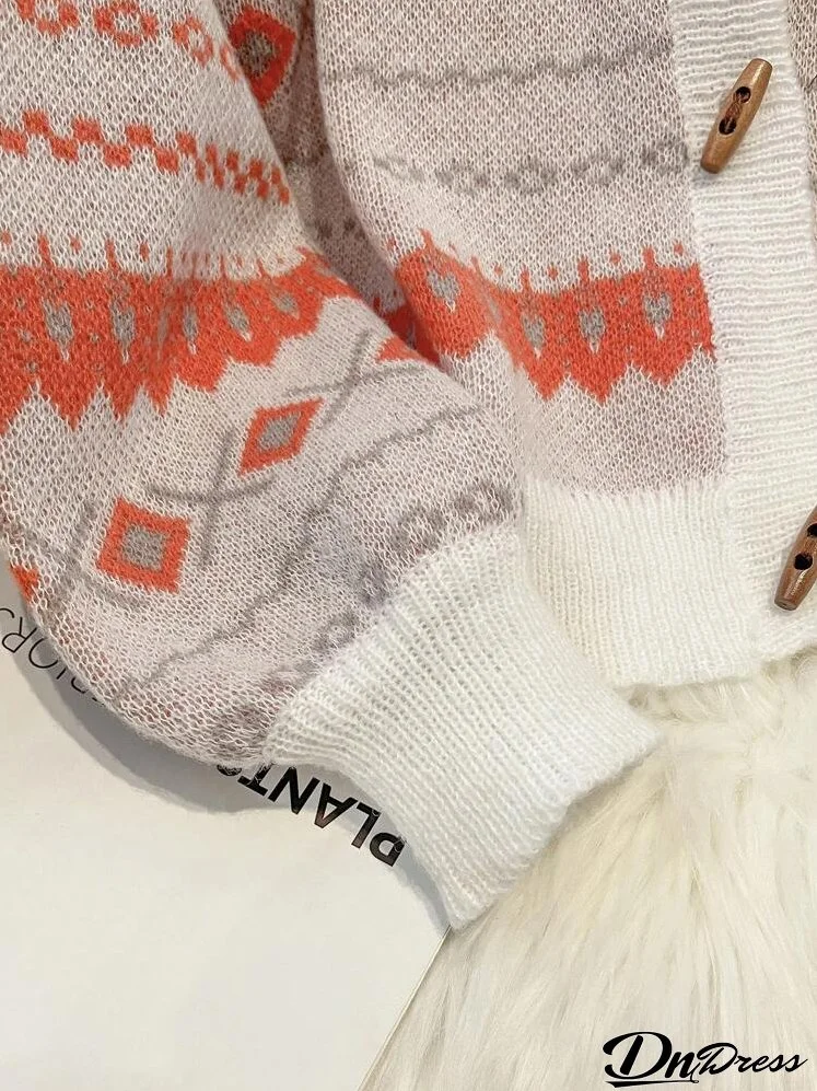 Women Geometric Pattern Drop Shoulder Casual Cardigan, Autumn/Winter