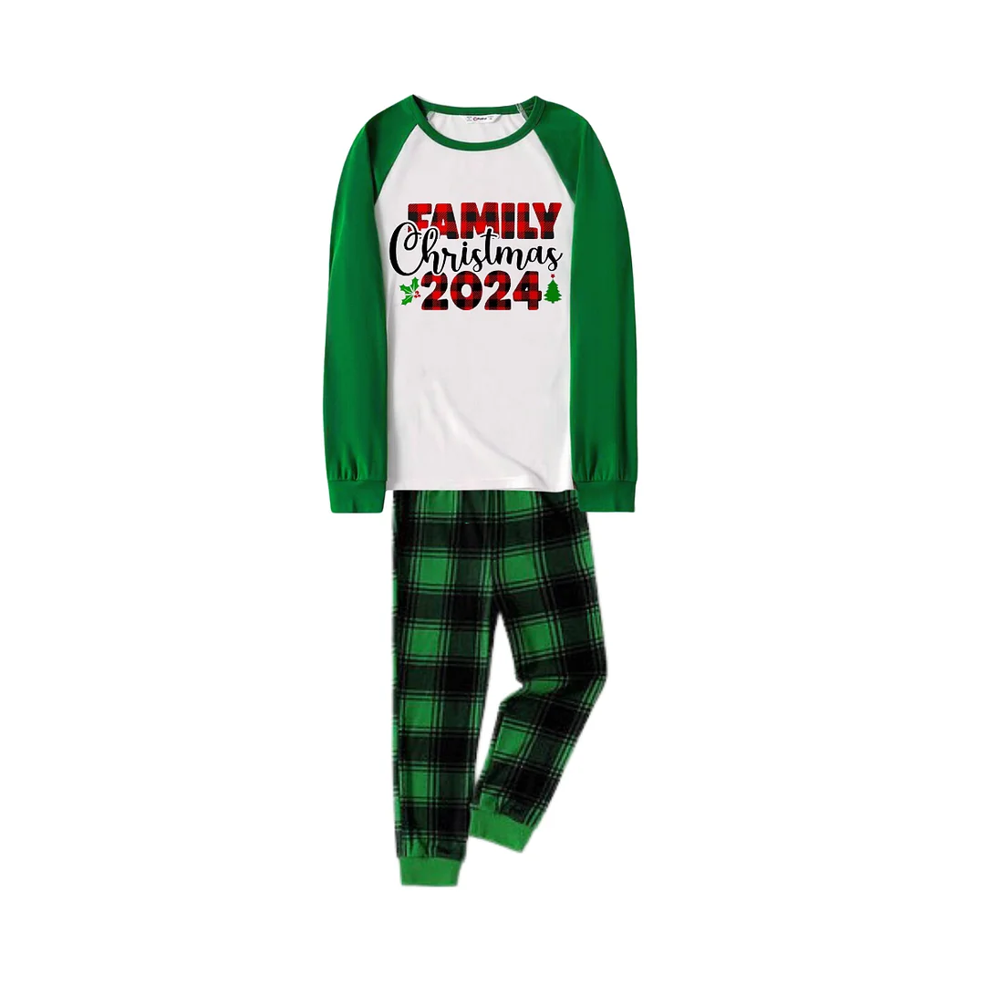 Family Christmas 2024 Text Print Long Sleeve Top With Green & Black Plaid Christmas Matching Pajamas