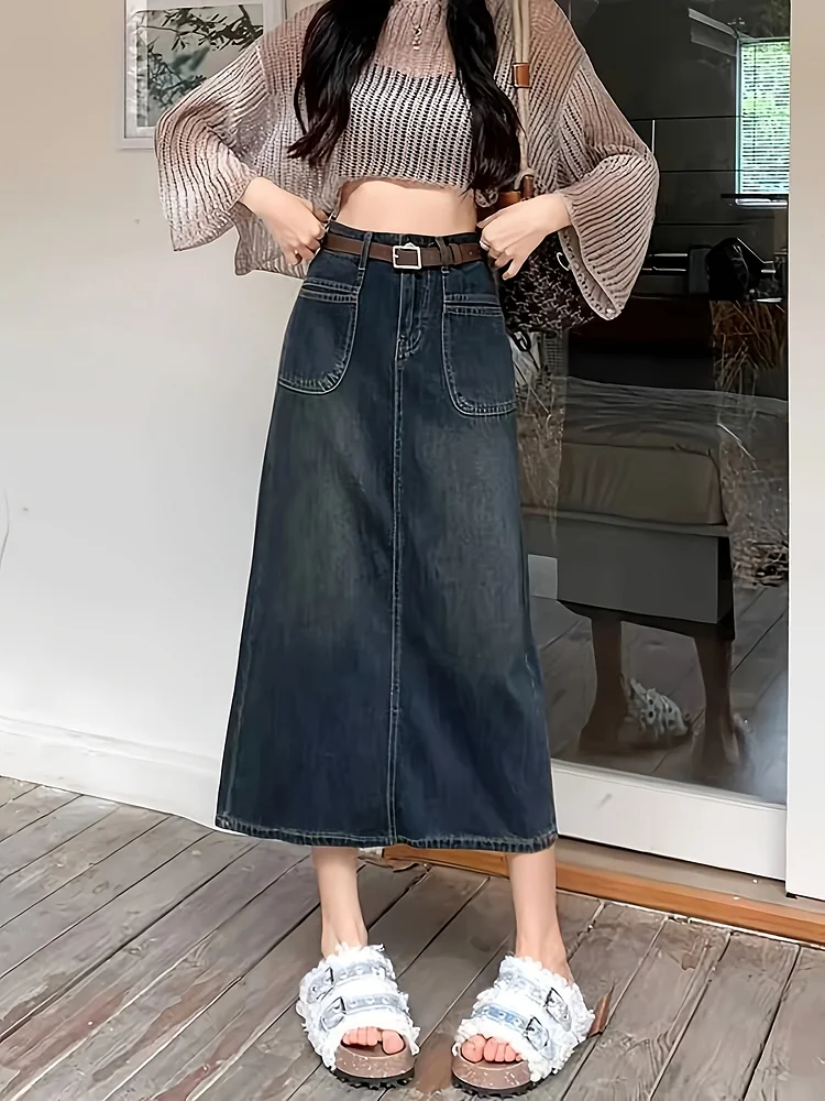 High-Waisted Retro Denim Skirt Women's Spring And Summer New Pear-Shaped Figure Midi Length Slit A-Line Hip Long Skirt