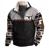 💥 2025 Hot Sale! Mens Western Fleece Jacket Cowboy Bull Head Print Pullover 1/4 Zip Up Stand Collar Country Sweatshirts Western Gifts For Men With Pocket