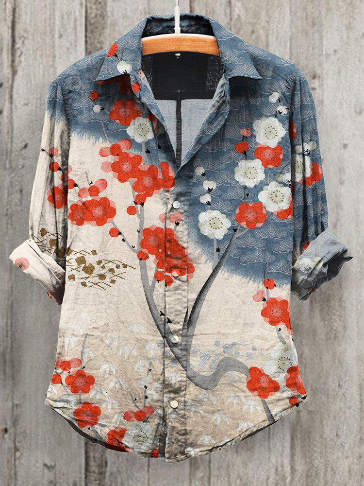 Comstylish Japanese Art Sakura Print Casual Shirt