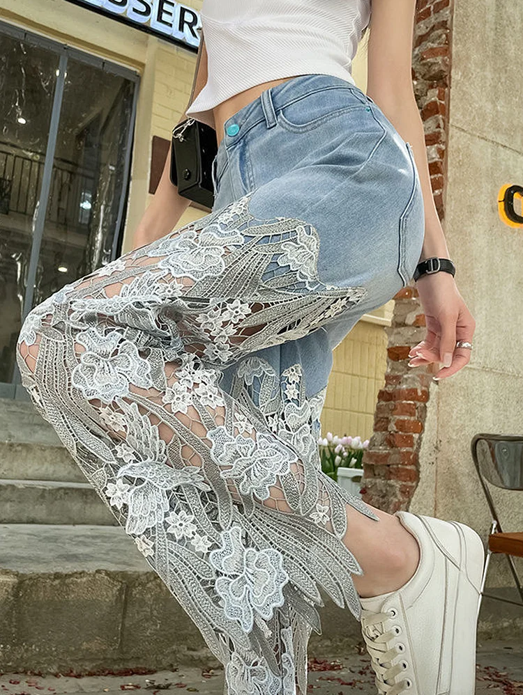 Daily Retro Floral Lace Patchwork Denim Straight Jeans