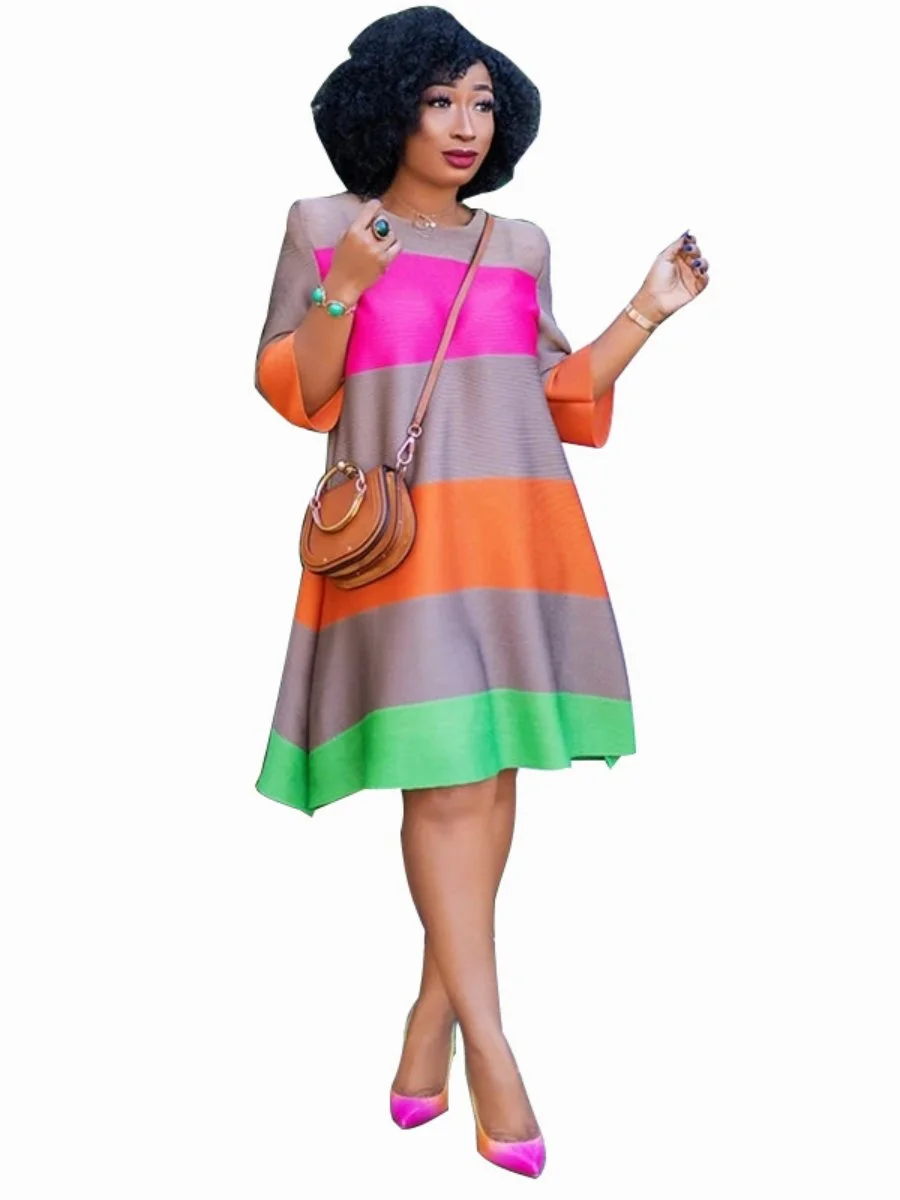 Dress For Women Round Neck Half Sleeve Stripe A-line Dress