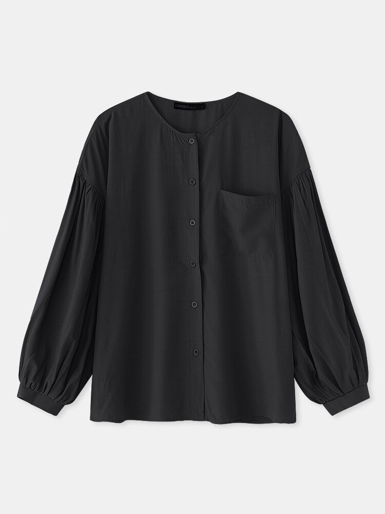 Solid Color O neck Button Puff Long Sleeve Pocket Casual Blouse P1825627