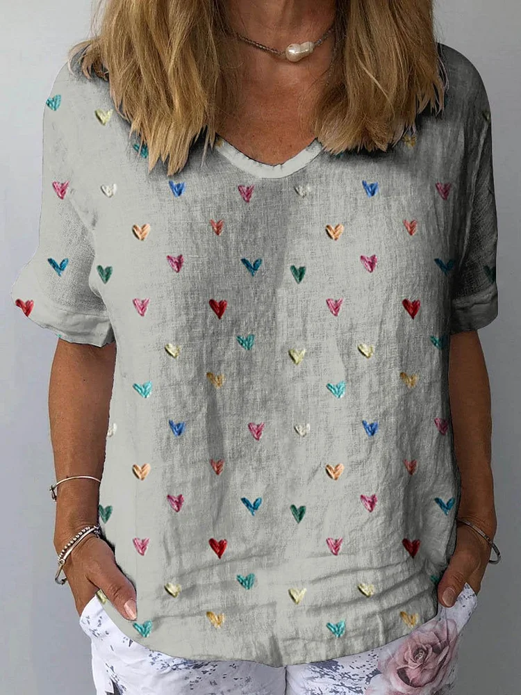 Women's Vintage Valentine's Day Love Art Print Casual Cotton And Linen Shirt
