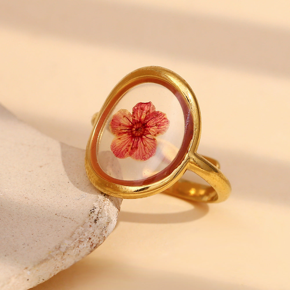 Retro French Style Personalized Hand Jewelry Stainless Steel Plated 18K Gold Red Dried Flower Round Open Ring Female