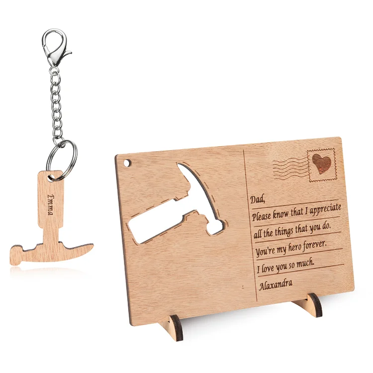 Personalized Wooden Postcard Keychain Set Hammer Keepsake for Father