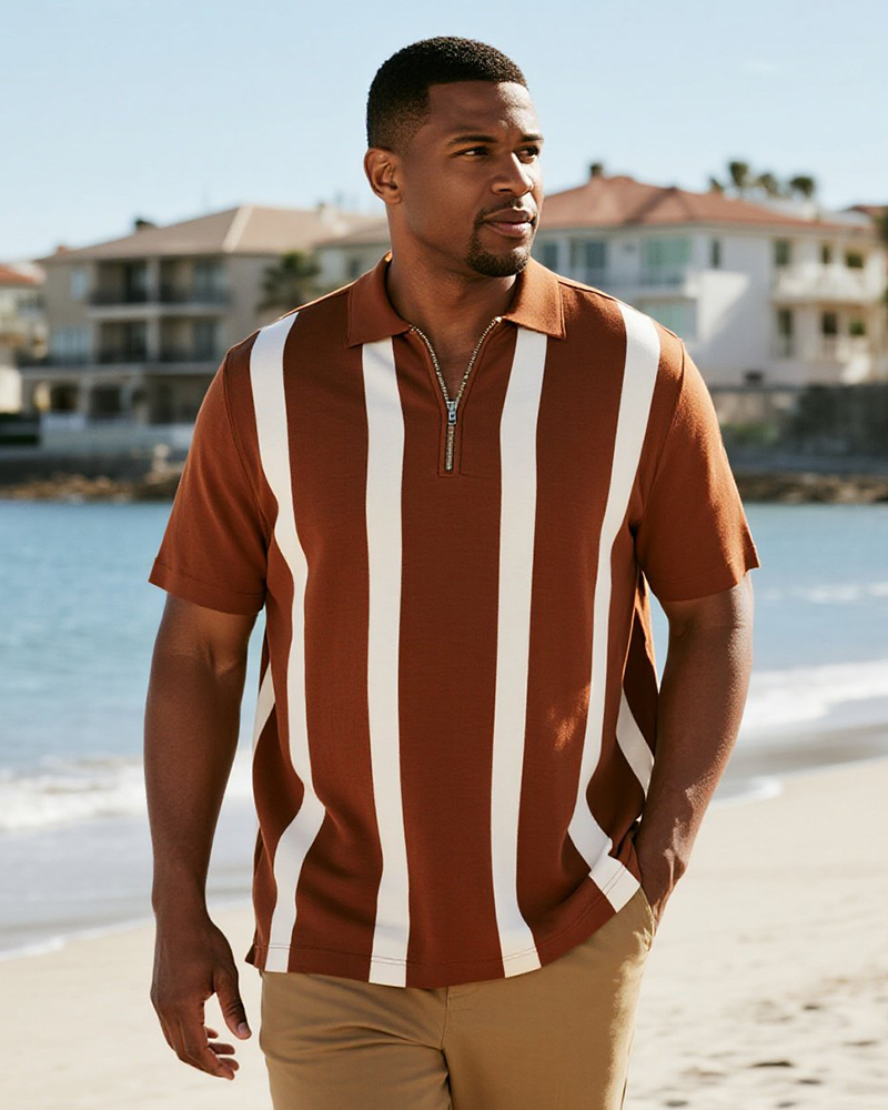 Big & Tall Men's Business Brown Striped Print Short Sleeve Zip Polo Shirt