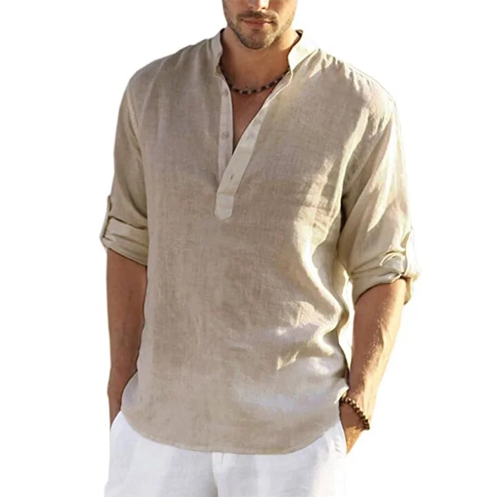 Men’s Cotton Linen Henley Long Sleeve Shirt