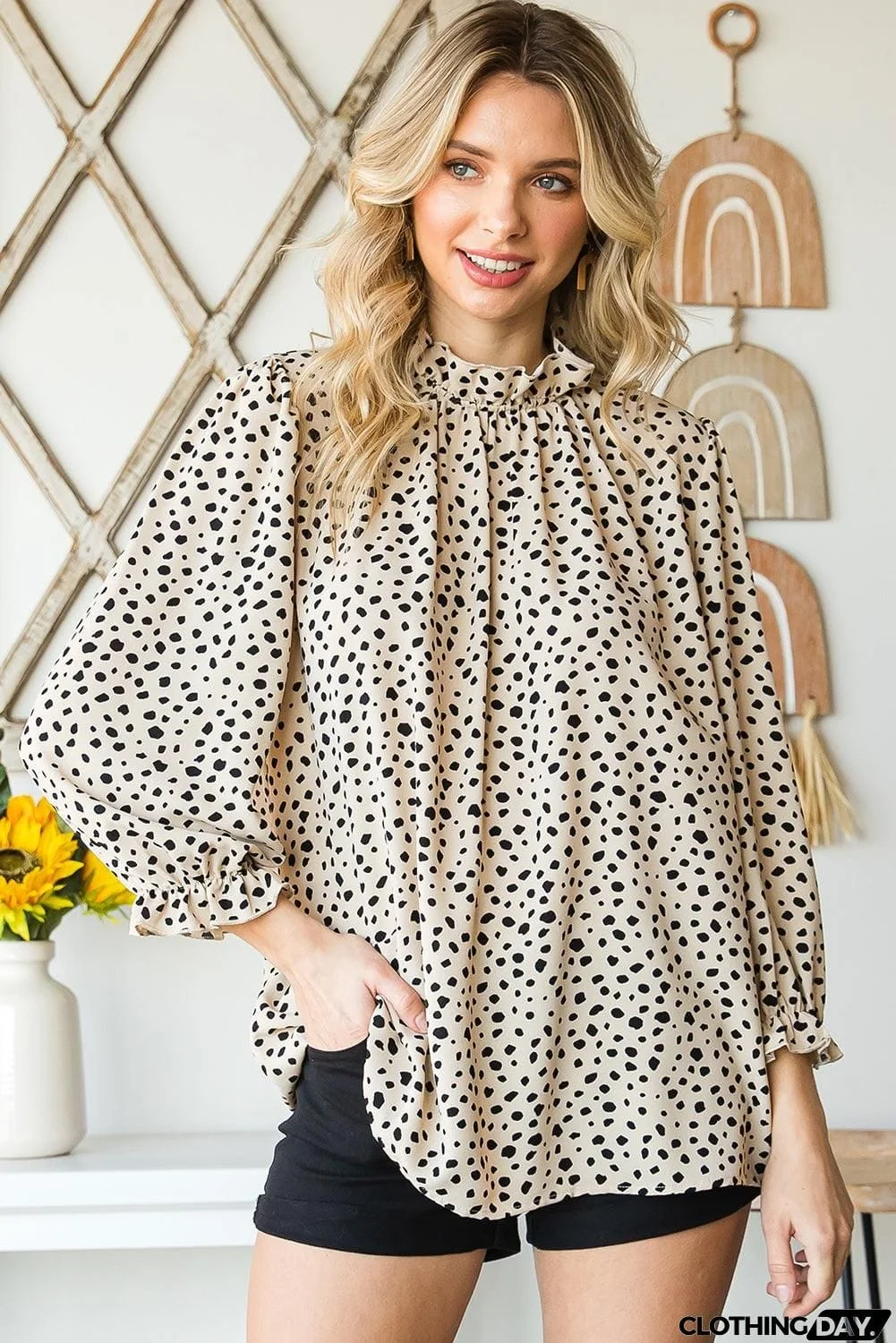 Animal Print Ruffle Collar Flounce Sleeve Blouse