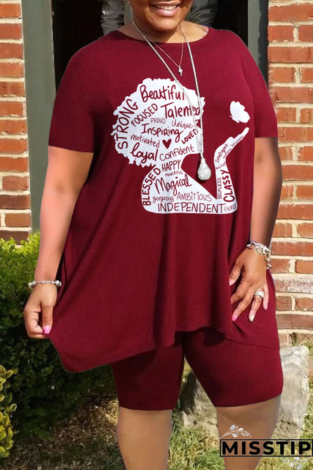 Burgundy Casual Street Print Patchwork O Neck Plus Size Two Pieces