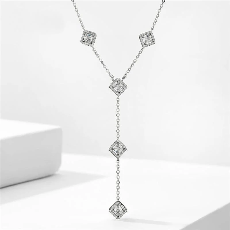 Square Cubic Zirconia Charm Y Shape Long Necklace for Women-VESSFUL