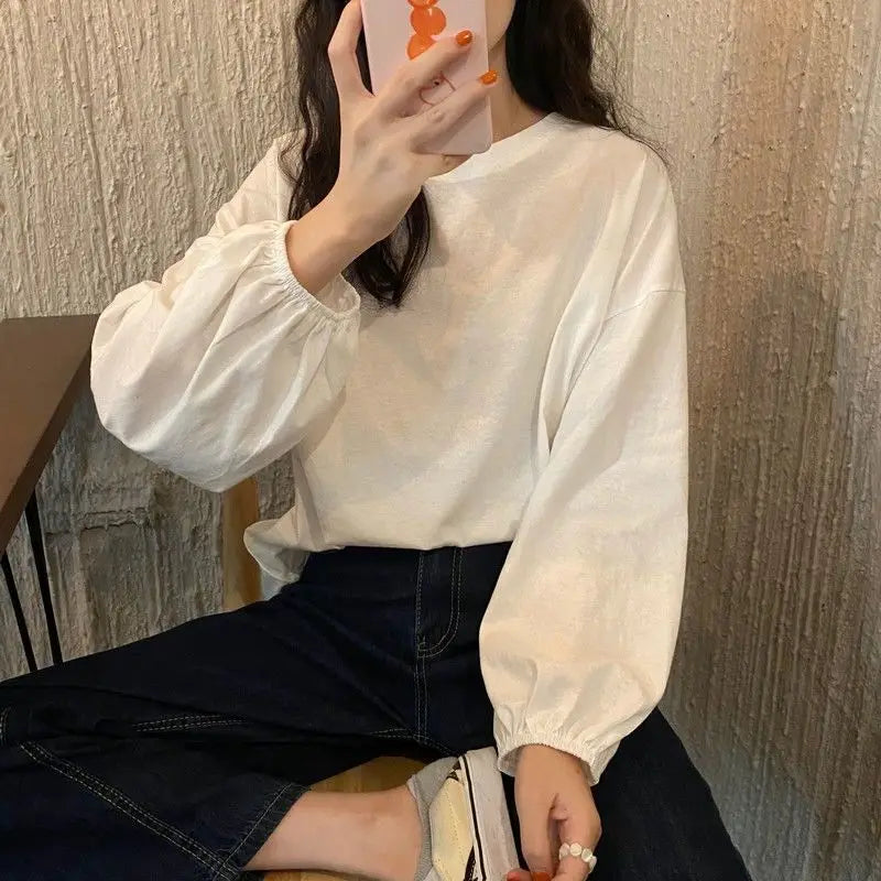Aiertu Pure Cotton Tops Autumn Korean Lantern Puff Sleeve T-shirt Aesthetic Women's T Shirts Winter Woman Tshirts Clothing Long aiertu