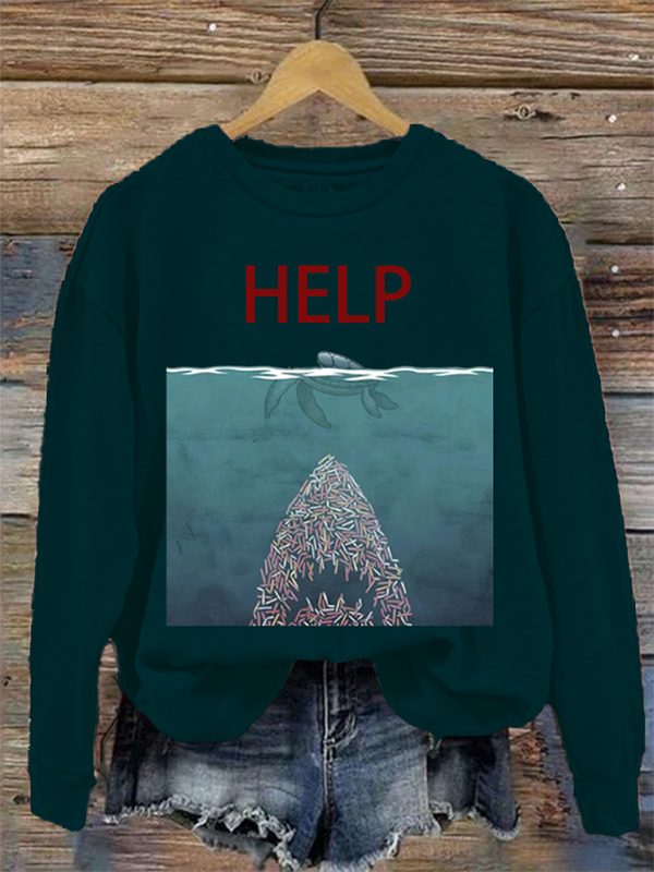 Women's Casual Shark Turtle Graphic HELP Print Sweatshirt