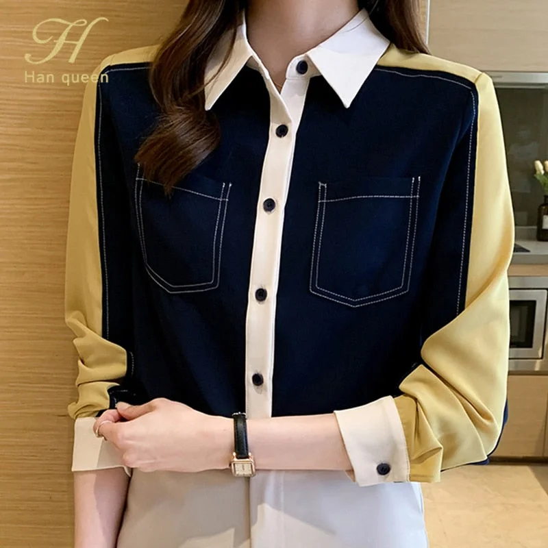 Graduation Party Dress Gift Billlnai 2023 Autumn Elegant Color Matching Blouses Women New Korean Style Casual Vintage Shirts Simple Office Wear Work Tops