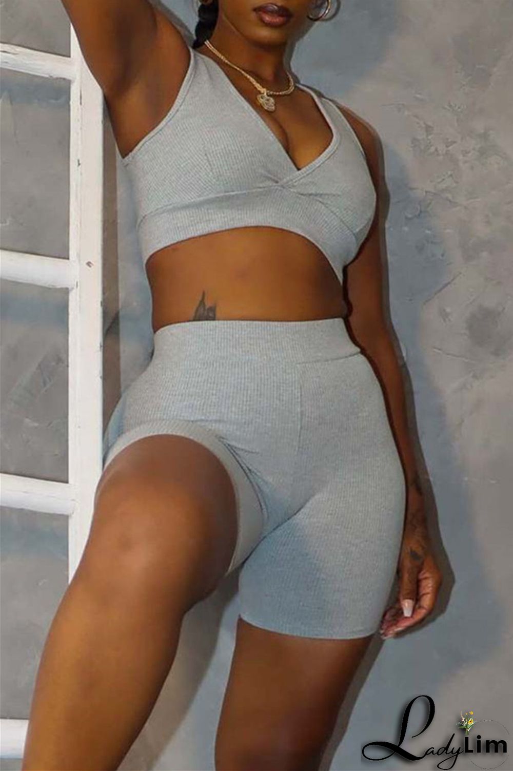 Blue Fashion Casual Sportswear Solid Patchwork V Neck Sleeveless Two Pieces