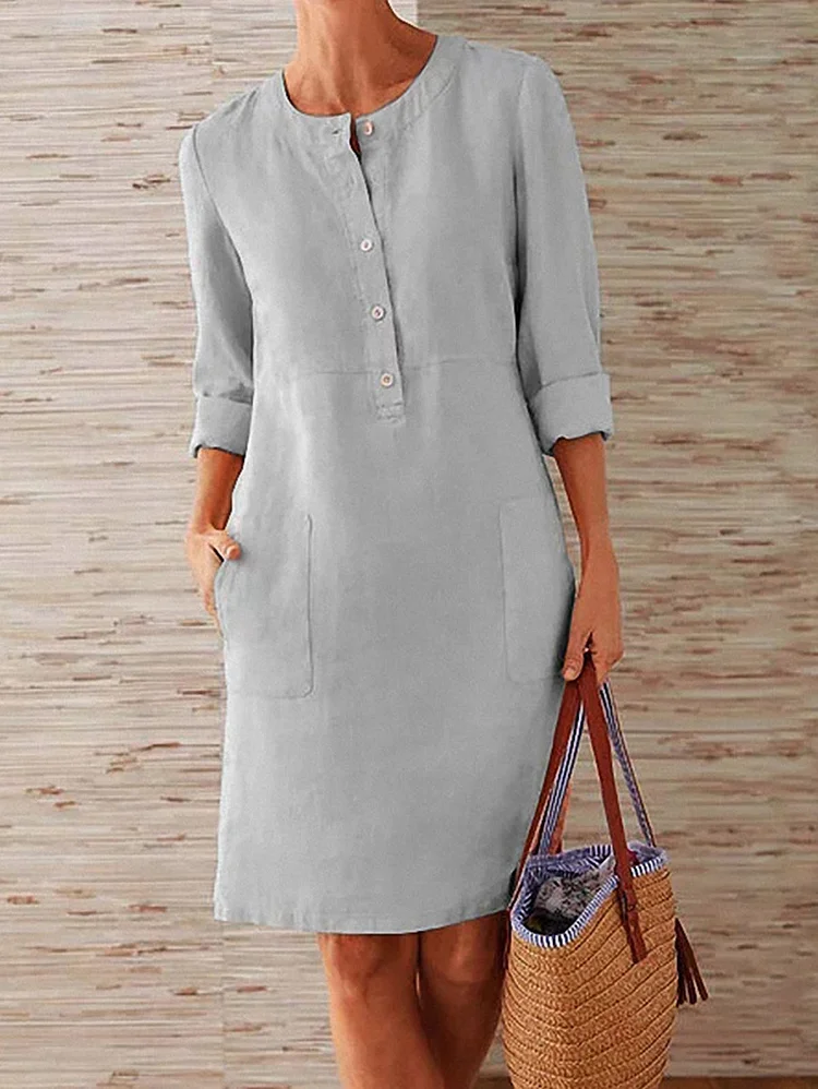 Casual Plain Round Neck Long Sleeve Linen Dress