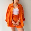 Women's Wrinkled Fabric Casual Long Sleeve Shirt High Waist Drawstring Shorts Two-piece Set
