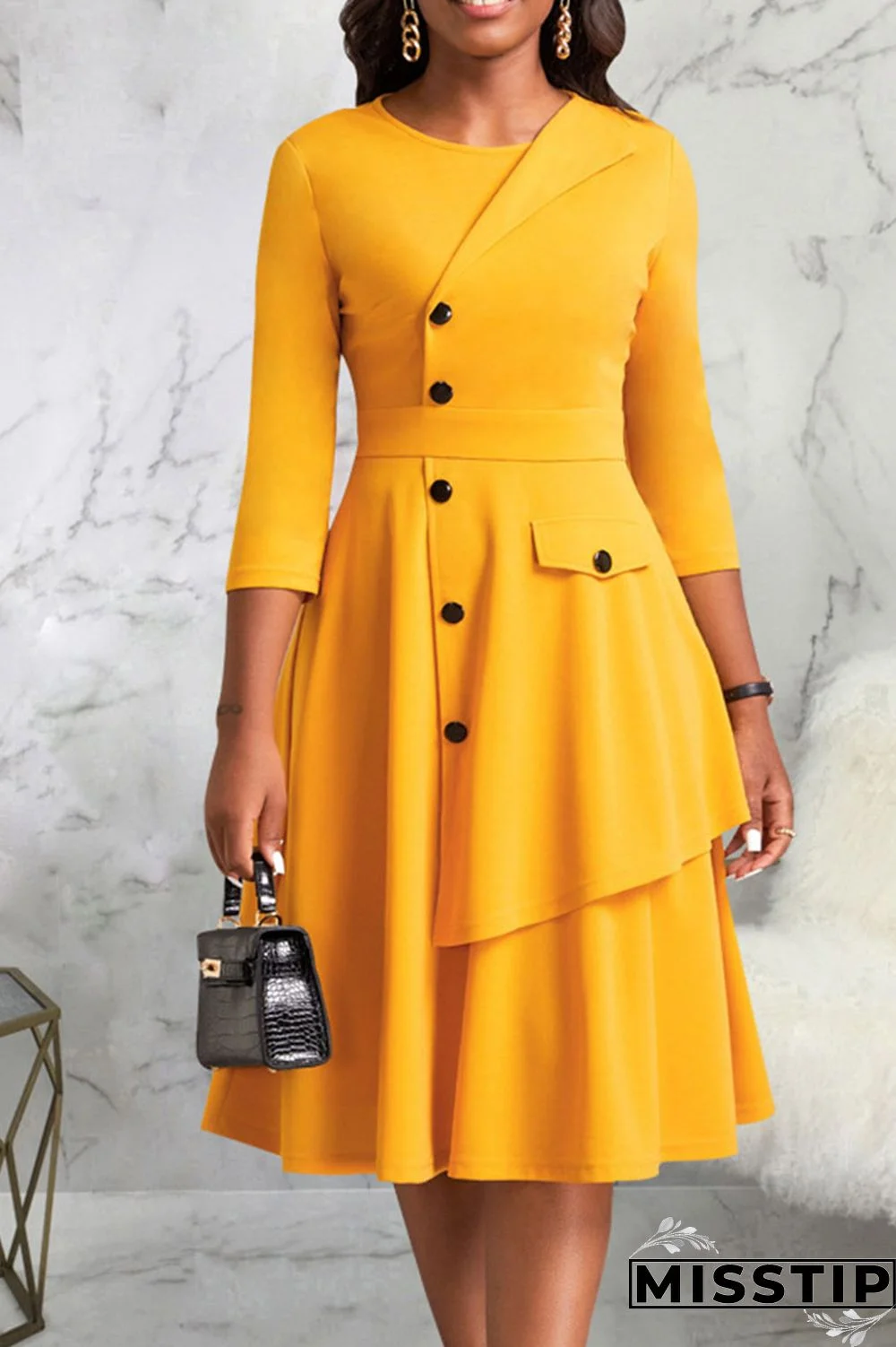 Black Casual Solid Patchwork Buttons O Neck A Line Dresses