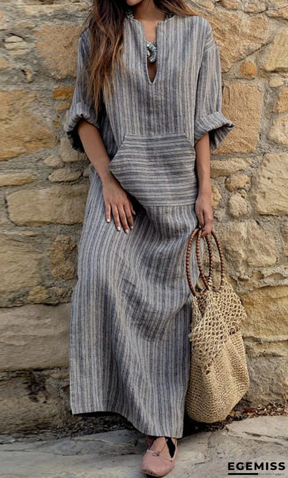 Cotton Linen Yarn Dyed Stripe Loose Long Dress | EGEMISS