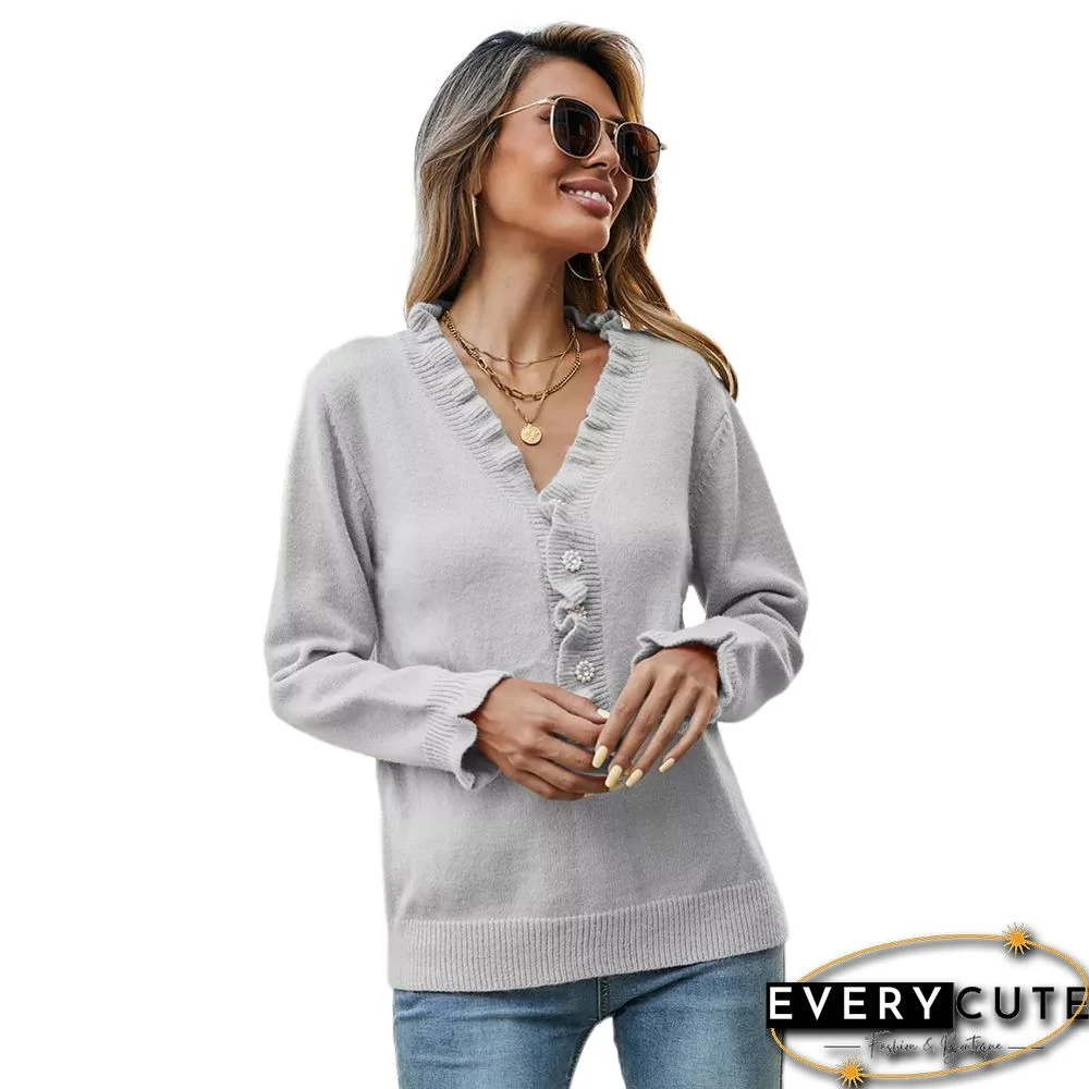 Gray Frilled V Neck Button Knitted Sweater