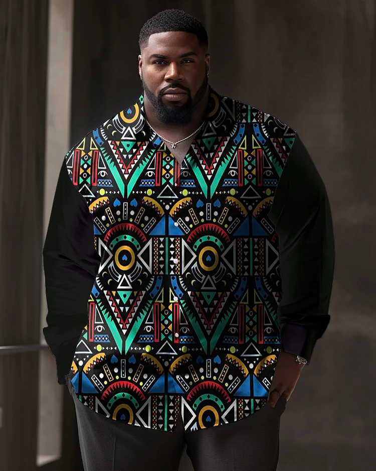 Black Ethnic Style Contrasting Print Large Men's Long Sleeved Shirt
