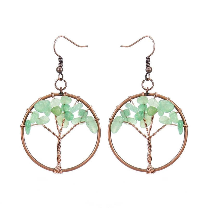 1 Pair Ethnic Style Pastoral Tree Hollow Out Natural Stone Copper Drop Earrings